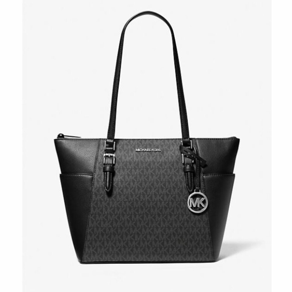 MICHAEL Michael Kors Charlotte Large Logo and Leather Top-Zip Tote Bag Black